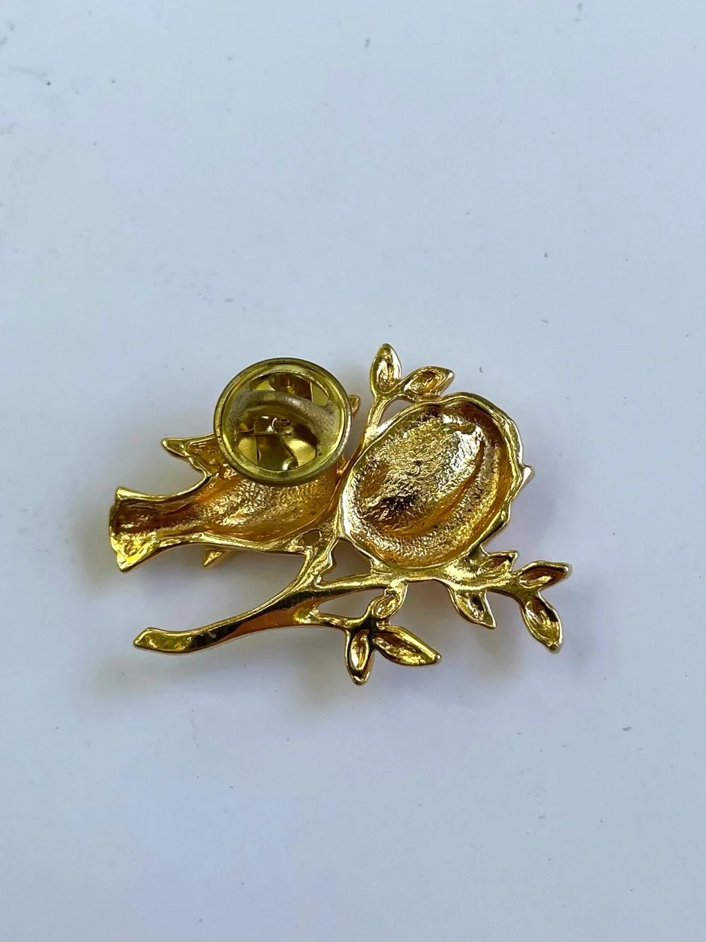 Avon Gold Tone Bird and Nest Brooch with Faux Pearl Accents